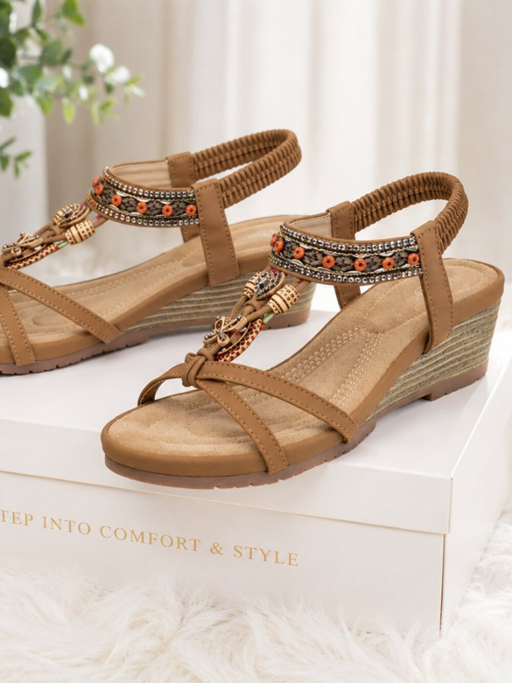 Boho Beaded Wedge Sandals Women's Comfort Elastic Ankle Strap Low Heel Shoes NWT